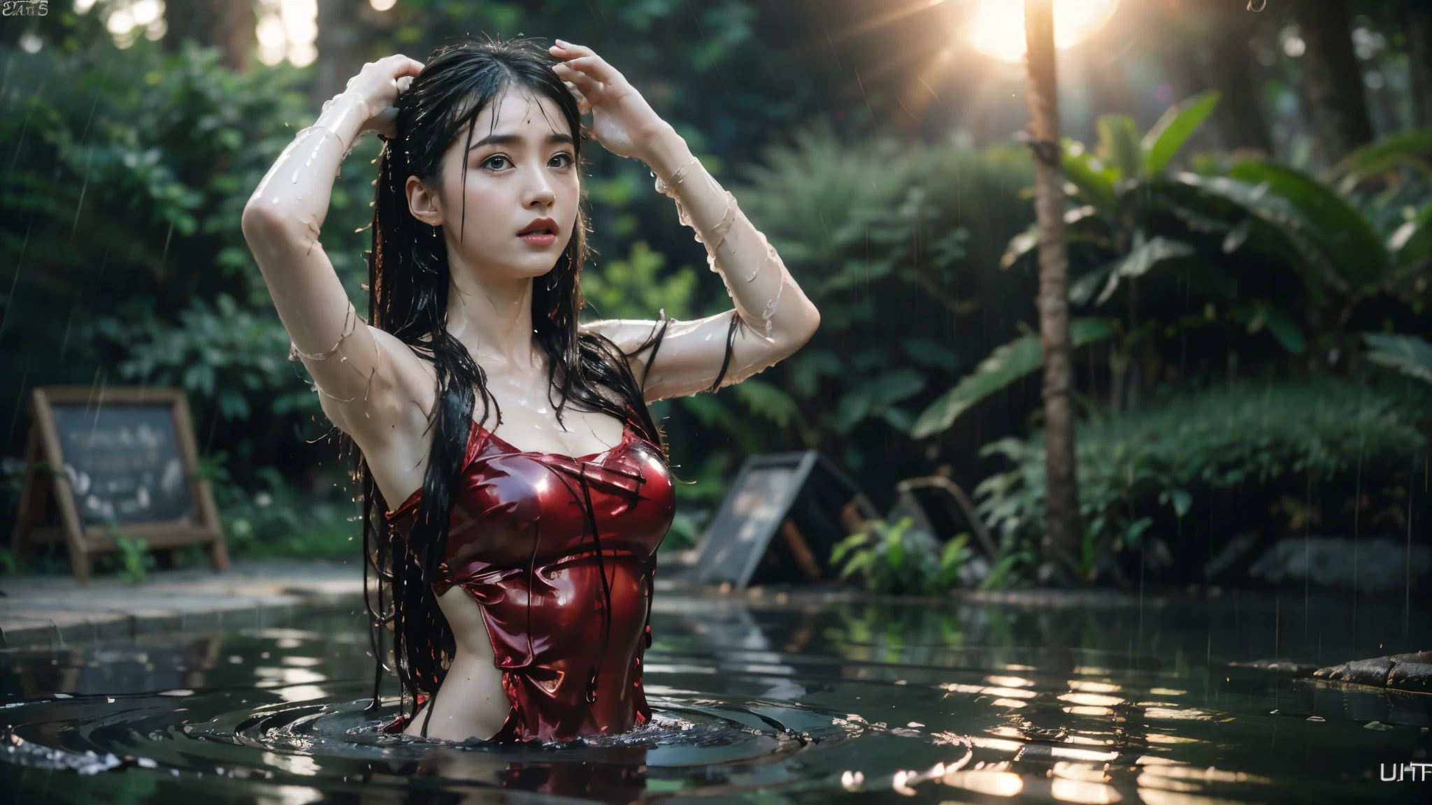 beautiful girl, Vietnamese female, showering in a lake pool in the forest, dynamic poses, red sabai transparent dress, (wet hair:1.5), (it's raining:1.5), Drops of water come down from the hair, thai traditional red skirt, long ponytail, black detailed eyes, abdominal muscles, plump body, rounded chest, (small breast:1.3), rift, morning sun, staring at the audience, rain, (dynamic poses), shower, shower poses, ((face details)), Double eyelids, finished, arms up, (Backlight), realistic, Masterpiece, Highest quality, lens flare, shade, in full bloom, [[photorealistic Chromatic aberration]], digital photograph, HDR, high contrast, (cowboy shot), masterpiece, realistic hands. [The character is surrounded by mist, evoking a mysterious and eerie atmosphere. The lighting is dark and atmospheric, with smoke adding a touch of sinister ambiance. Best quality image, HDR enhancement, showcasing the utmost level of detail and realism, full body shot:1.5]. [8K, Best Quality, Ultra High Resolution, (highly detailed CG unity 8k wallpaper), (best photo), (best shadows), isometric 3D, octane rendering, ray tracing, highly detailed, (Best quality, 4K, 8k:1.2), absurdity, ultra detailed, (realistic, photorealistic, photorealistic:1.37), complex parts, HDR, (complex parts:1.12), (hyper detailed, hyper realistic, Soft lighting, spicy:1.2), (complex parts, Hyper detailed:1.15). Blurred foreground. (backlit), masterpiece, high quality, brightness, chromatic aberration, foggy smoke, shadows, contrast, clear sky, (warm hue, warm tone), high details, natural reflections]. (YES SFW), many details.