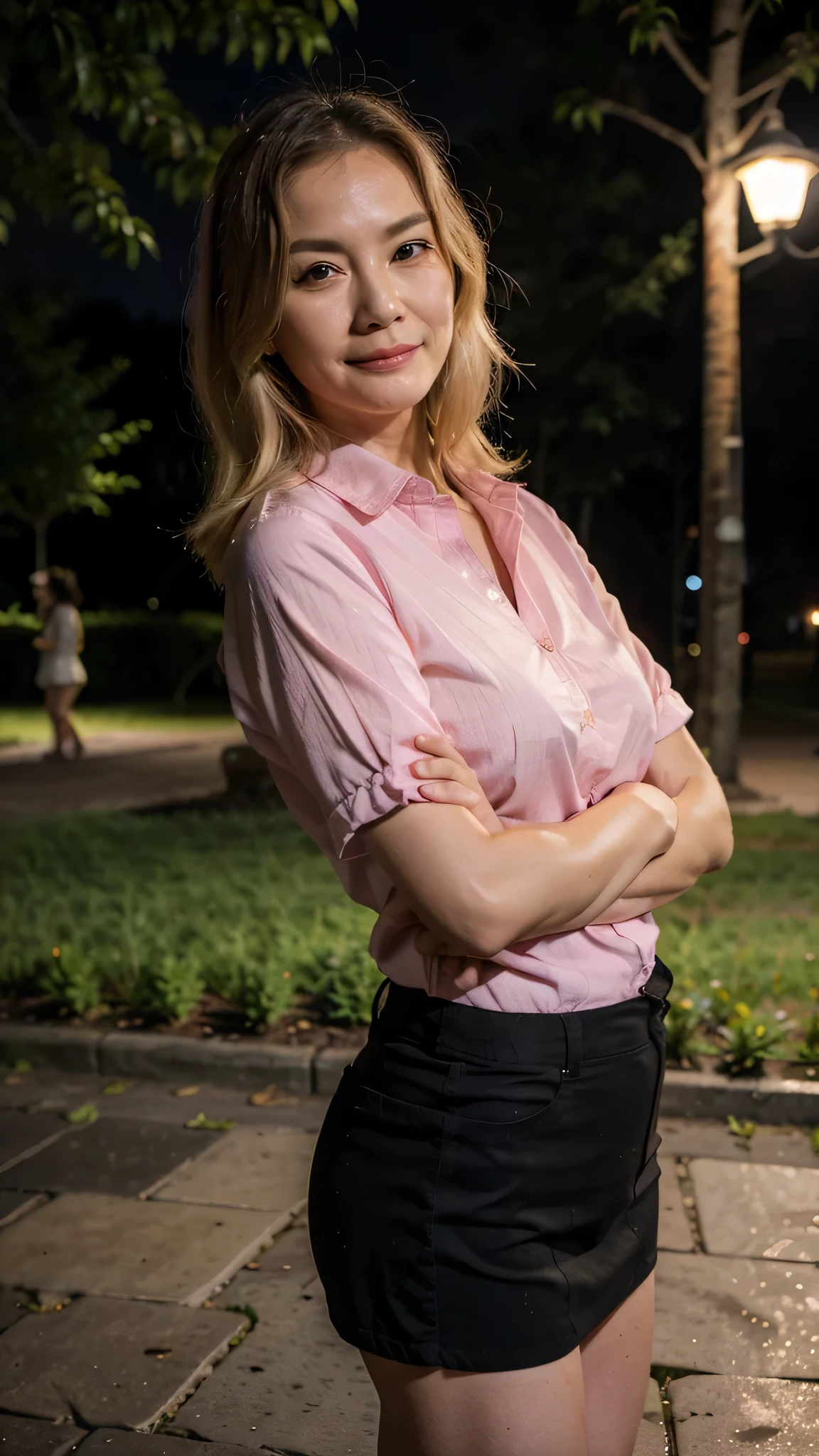 old asian woman, blond hair, green eyes, 50 years old, the teacher, smirk, posing in the night park, wearing pink shirt