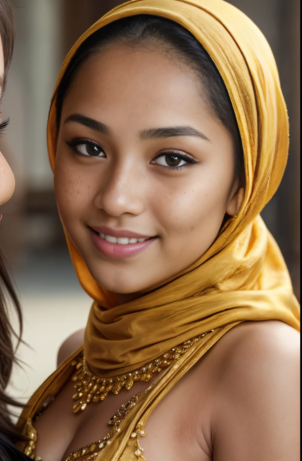 ((mommy and her girl)), golden bellydancer, cleavage, beautiful teen javanese girl with hijab and few soft freckles, mole below eyes, detail skin texture, smile, , dramatic light , Rembrandt lighting scheme, (hyperrealism:1.2), (8K UHD:1.2), (photorealistic:1.2), shot with Canon EOS 5D Mark IV, detailed face, detailed skin texture, 35mm, over-the-shoulder shot,cool-toned color grading, Deep Focus cinematography effect, Natural Lighting, high quality, ultra detail, 8k resolution,