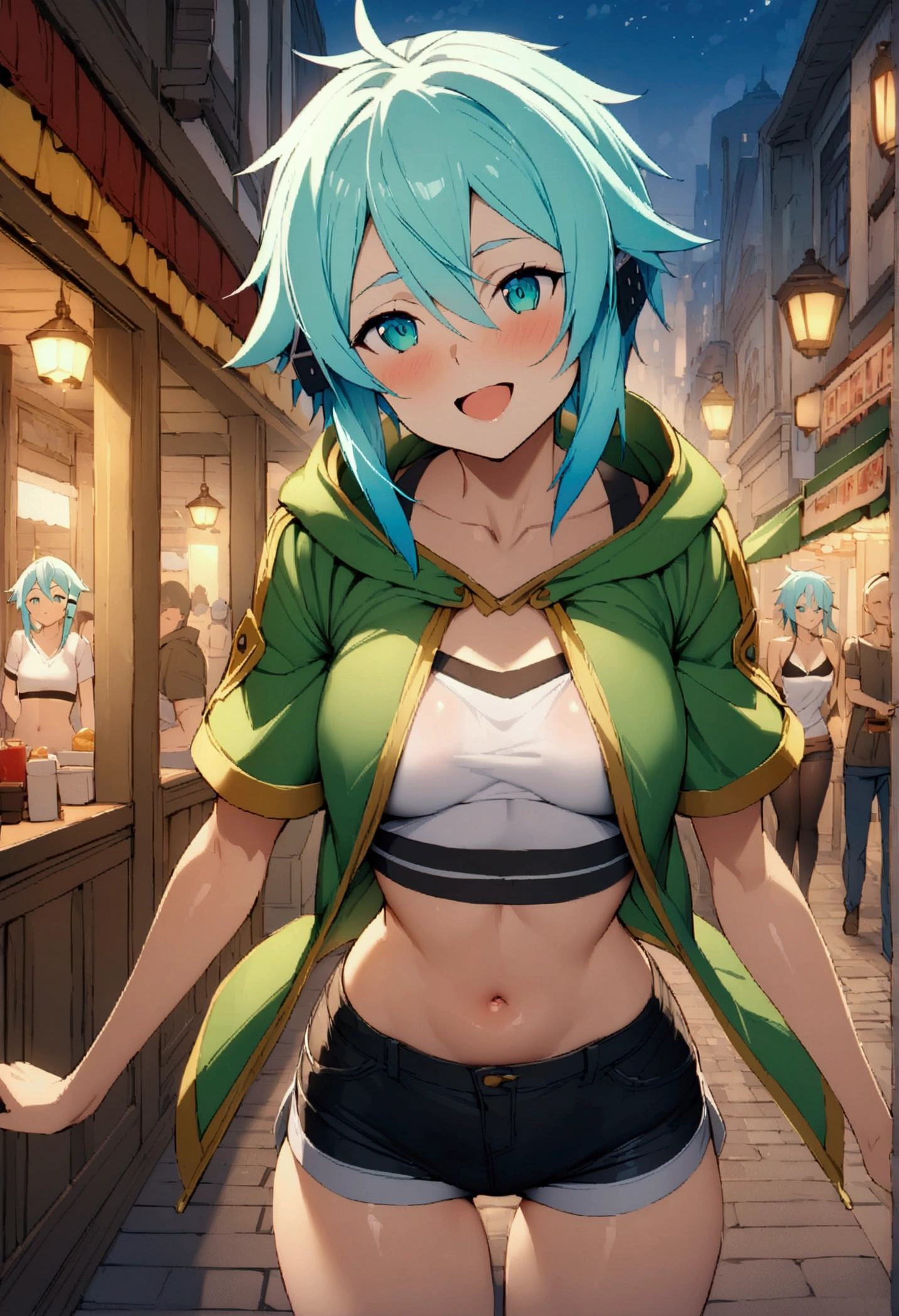 NSFW,masterpiece,Highest quality,High resolution,Very detailed,Sinon\(Sword Art Online\),Hooded parka,Open front clothing,Short-sleeved shirt,Crop top,Shorts,Happy face,bustling street,Restaurant area