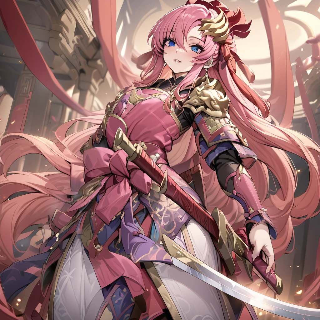 ((Highest quality)), ((masterpiece)), (detailed), (Perfect Face)、The female ancient Chinese warrior is Lacus Clyne, with blue eyes, pink semi-long hair, and is wearing luxurious ancient Chinese warrior equipment, a sword, and a luxurious headdress.、There are beautiful female warriors in the palaces of ancient China