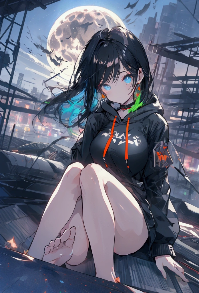 Using a laptop、Beautiful Face、Beautiful legs、Black Hair、On the roof、full moon,neon.hoodie,Sitting、IT Engineer、Building district、Landscape、rooftop