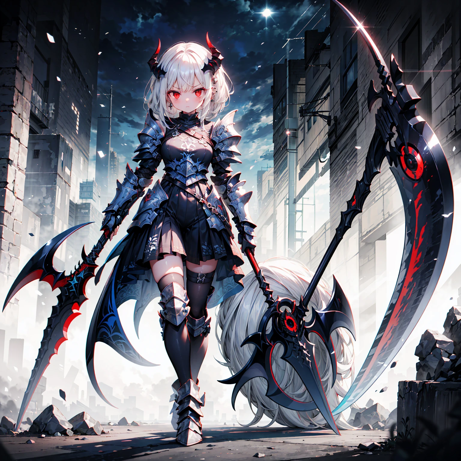 (((masterpiece, best quality, high detailed, 8k))) Design a layout showcase Gaming character, (1girl) Slender cute girl character with short stylish white hair and piercing eyes. She wears a demonic armor in purple black and white. wields a large, stylized scythe. The character has a menacing expression, with a chaotic environment as the background. ((full body front view)). ((slender)), (extremely detailed:1.5), (long white hair:1.2), (piercing red eyes:1.2), (chaotic environment:1.1), (demonic armor:1.3), (stylized scythe:1.3).