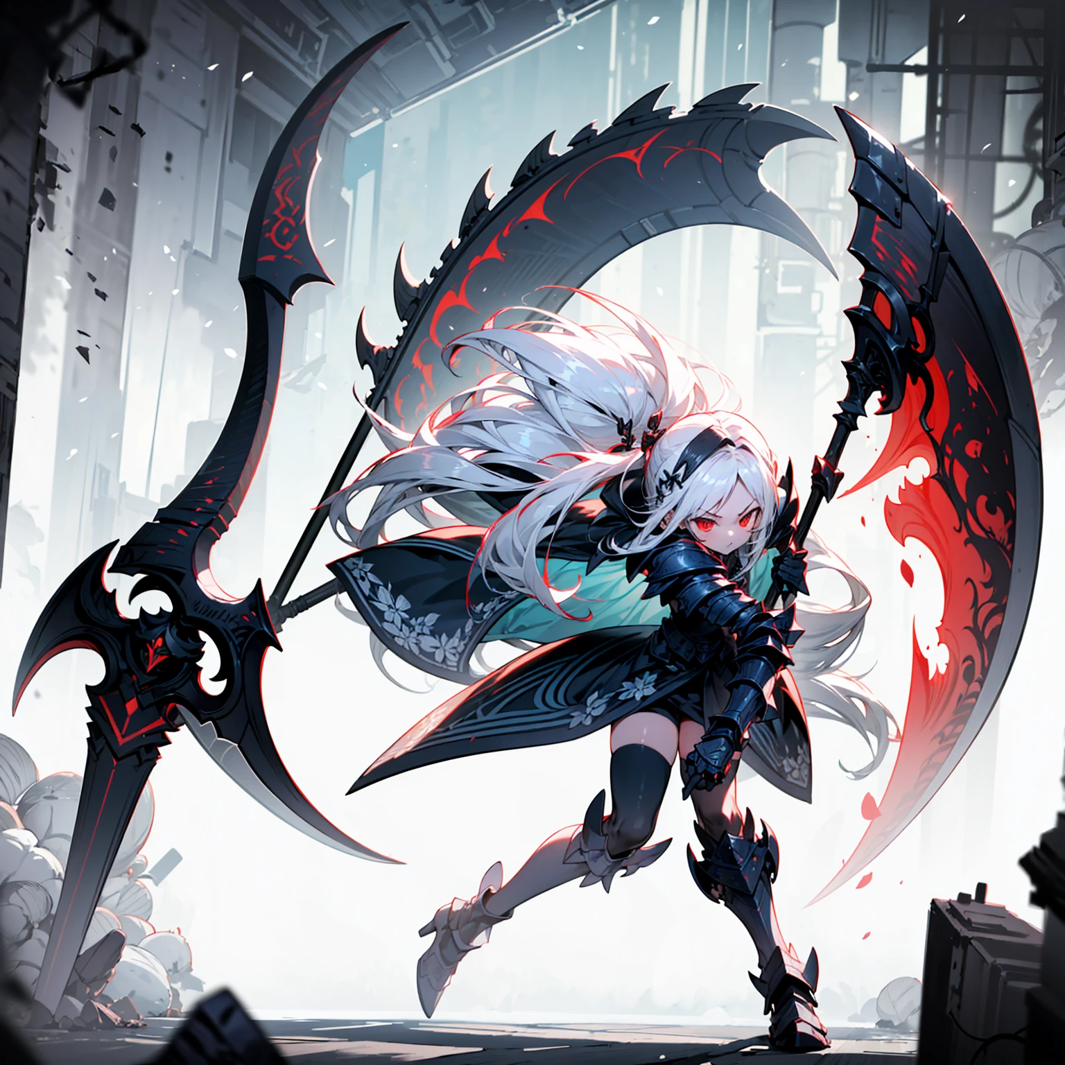 (((masterpiece, best quality, high detailed, 8k))) Design a layout showcase Gaming character, (1girl) Slender cute girl character with short stylish white hair and piercing eyes. She wears a demonic armor in purple black and white. wields a large, stylized scythe. The character has a menacing expression, with a chaotic environment as the background. ((full body front view)). ((slender)), (extremely detailed:1.5), (long white hair:1.2), (piercing red eyes:1.2), (chaotic environment:1.1), (demonic armor:1.3), (stylized scythe:1.3).