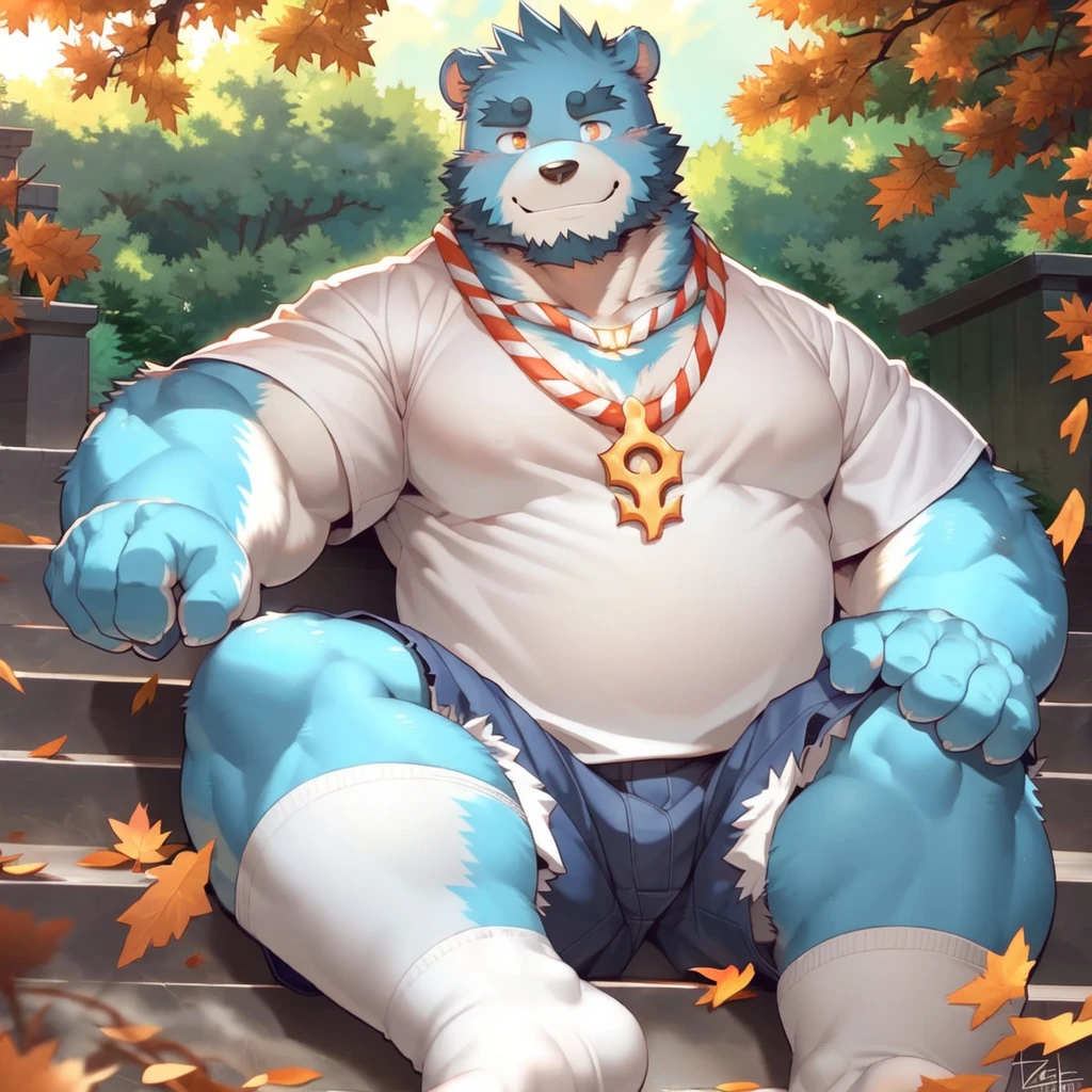 (by null-ghost,by raccoon21:0.5),(by zixiong:1.1),(by takemoto arashi),(kemono:1.2),solitaryfurry,shiquanjie,blue bear,male focus,furry male,blue fur,(detailed eye:1.2),(beard:1.1),(necklace:1.2),(smile:1.1),solo,sitting,,belly,white t-shirt,shorts,(fallen leaves:1.1),(front view:1.1),(sit on the steps:1.2),(white socks:1.1),