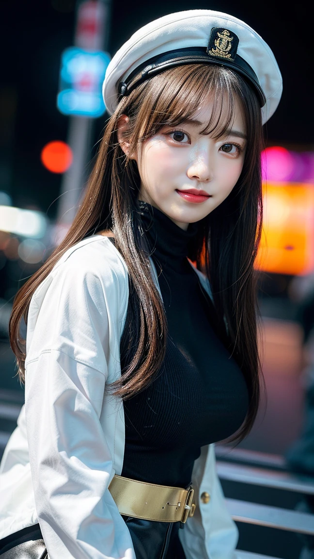 最high quality, masterpiece, 32K、Very detailed、Realistic、1 girl, Japanese women、Natural smile、Cute Face, (photo Actual:1.3),Long Hair(Black hair color、Long Hair)、Edge lighting, (Skin with attention to detail:1.2), 8k超High resolution, Single-lens reflex camera, high quality, High resolution, 4K, 8k, Optimal ratio of four fingers to one thumb, (Actual:1.3), cute 1 girl, Realistic、Super Realistic、32K、Very detailed、masterpiece, 最high quality, beautiful girl, beauty、Gorgeous girl, Big Breasts, Big Ass, Tight waist, Spread your legs, Plenty of facial detail, White Uniform(military cap、Gold mark)、Futuristic sexy costume in white and gold, High-grade sexy costume、cyber punk, 黒色のLong Hair, City of the Future, hologram, Neon lighting, Very detailedな, High resolution, masterpiece, high quality, High resolution, Fox Ears,