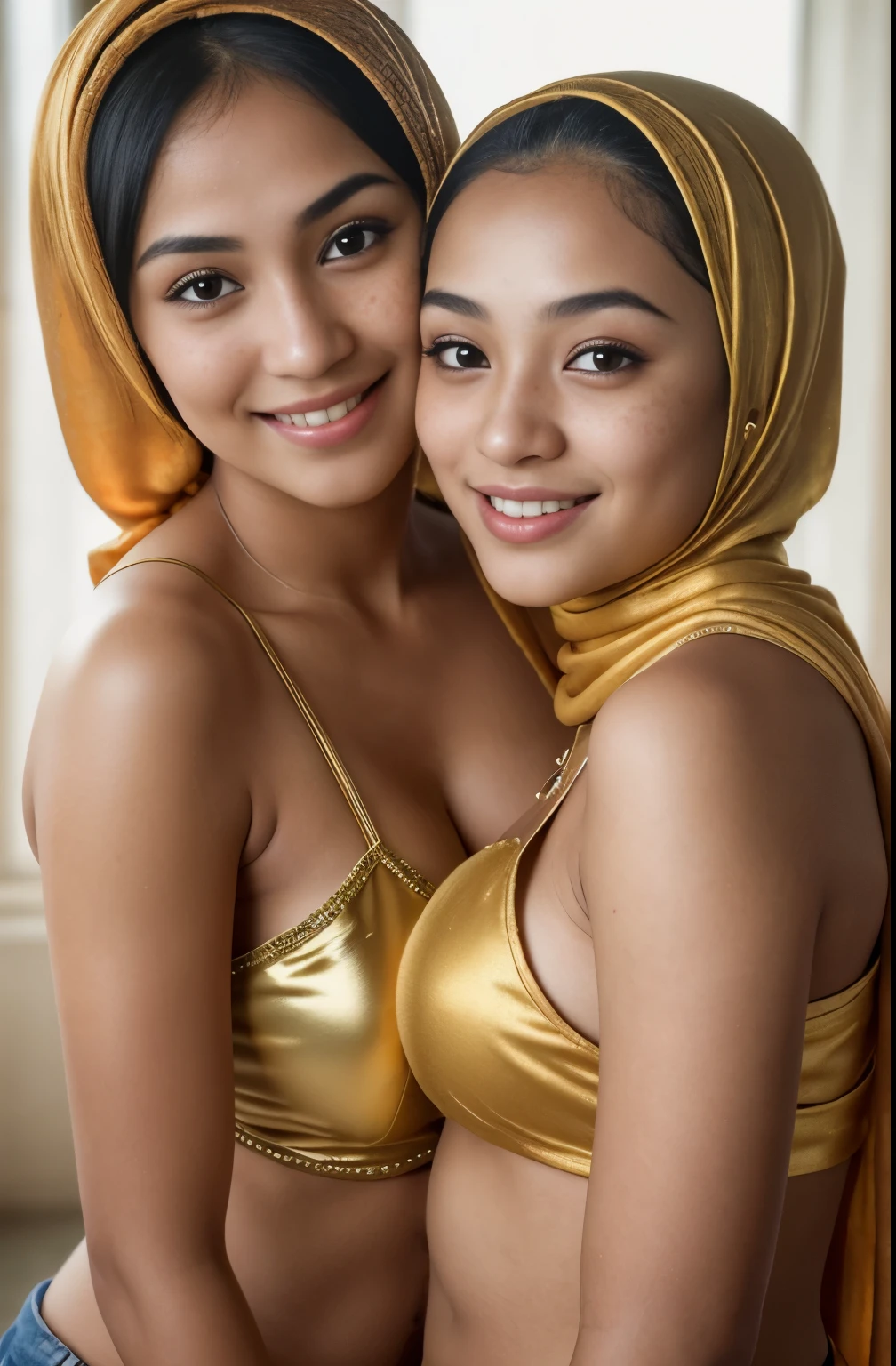((mommy and her girl)), golden bellydancer, cleavage, beautiful javanese girl with hijab and few soft freckles, mole below eyes, detail skin texture, smile, , dramatic light , Rembrandt lighting scheme, (hyperrealism:1.2), (8K UHD:1.2), (photorealistic:1.2), shot with Canon EOS 5D Mark IV, detailed face, detailed skin texture, 35mm, over-the-shoulder shot,cool-toned color grading, Deep Focus cinematography effect, Natural Lighting, high quality, ultra detail, 8k resolution,