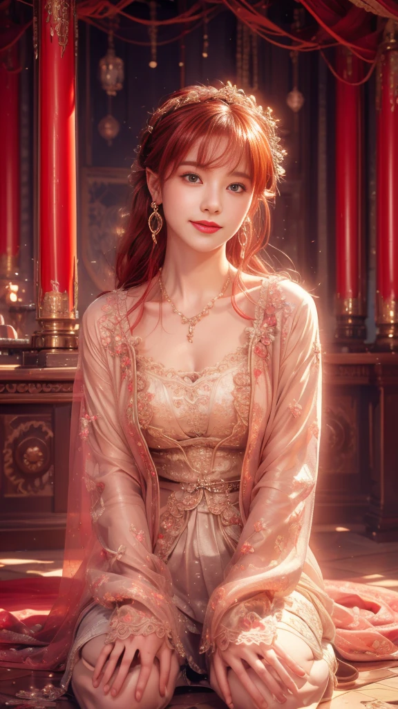 Beautiful, soft light, (beautiful and delicate eyes), very detailed, pale skin, big smile, (long hair), dreamy, medium chest, female 1, ((front shot)), bangs, fiery red hair, soft expression, elegant , bright smile, concept art, small necklace, small earrings, jewelry, shyness, dreamy soft image, skirt, shirt, jacket, color, photorealistic, realistic, (masterpiece:1.2), (best quality:1.2), ultra-detailed, best shadow, detailed background, high contrast, (best illumination, an extremely delicate and beautiful), ((cinematic light)), 8k, very aesthetic,