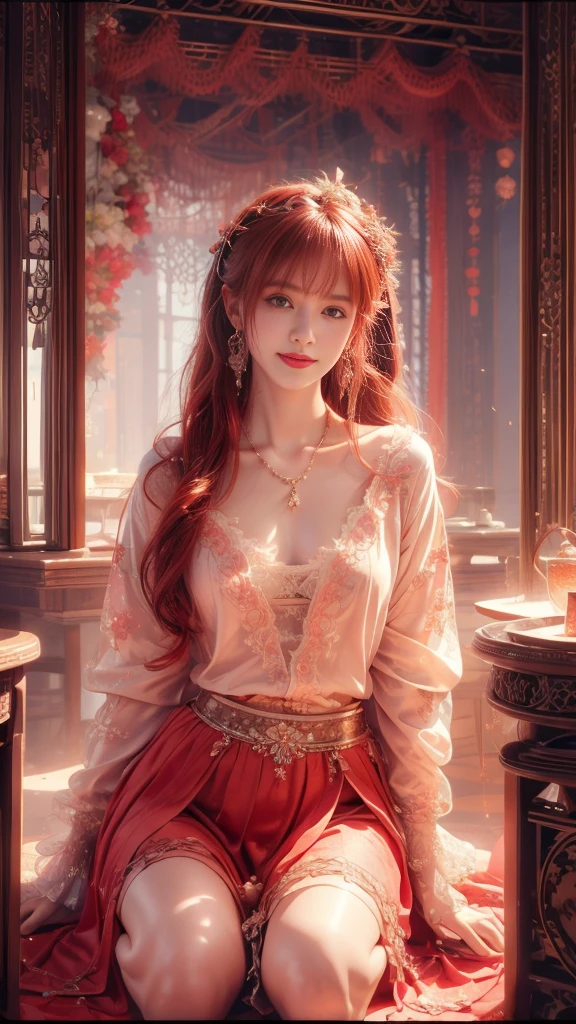 Beautiful, soft light, (beautiful and delicate eyes), very detailed, pale skin, big smile, (long hair), dreamy, medium chest, female 1, ((front shot)), bangs, fiery red hair, soft expression, elegant , bright smile, concept art, small necklace, small earrings, jewelry, shyness, dreamy soft image, skirt, shirt, jacket, color, photorealistic, realistic, (masterpiece:1.2), (best quality:1.2), ultra-detailed, best shadow, detailed background, high contrast, (best illumination, an extremely delicate and beautiful), ((cinematic light)), 8k, very aesthetic,