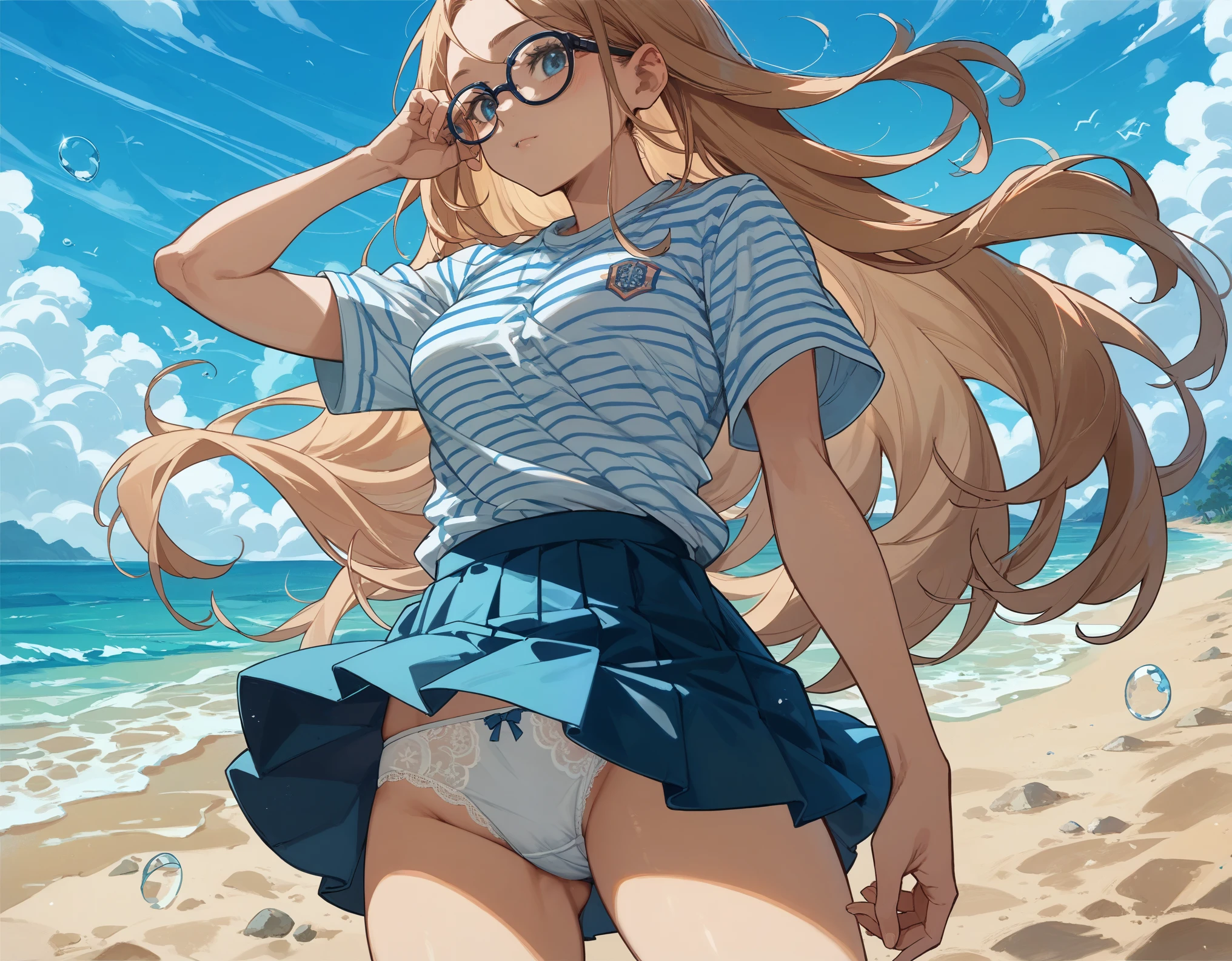 sticking to shirt、Her breasts are visible through her blue and white striped shirt、Blue flared skirt、She lifts her skirt to reveal her cute white lace underwear、Long haired girl wearing glasses、whole body、Sandy beach and blue sky