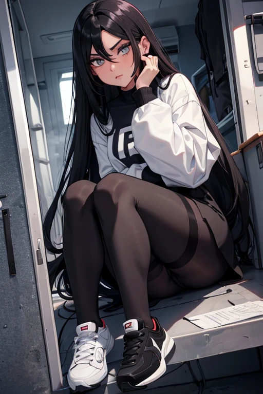 Age 22, White skin girl, almost speaks, Bblack hair, extremely long hair, Cramped, black pantyhose, black sneakers, Bblack hair, hair between the eyes, White hair, cloused mouth, range, cabelo bagunçado saia formal Bblack hair grande extremely long hair olhos cinzas