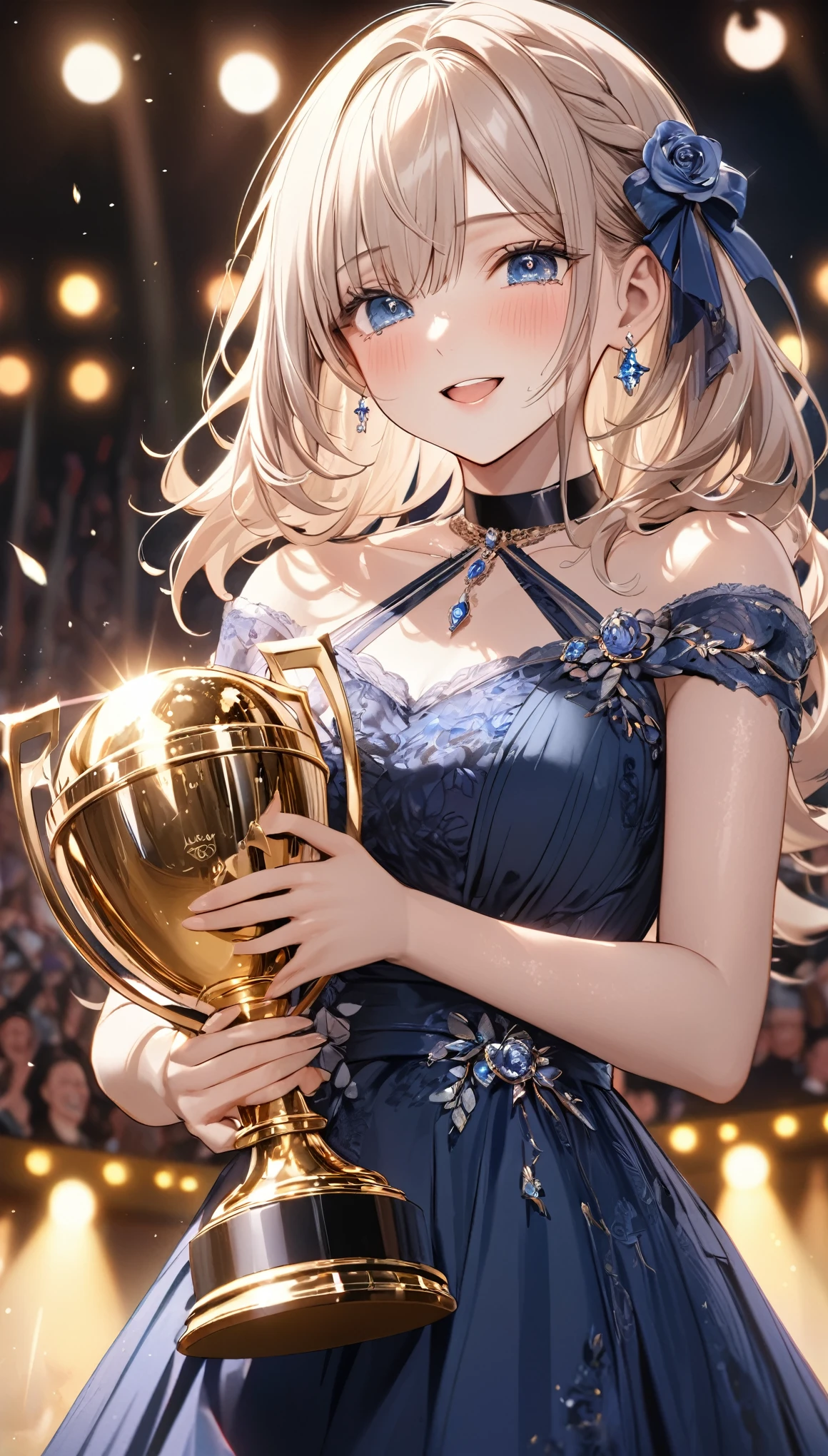 Tears of joy, (Evening Dresses), (Holding up the trophy, Joyの渦:1.5), Background is the stage, doaxvv_Marie Rose, 1girl, black choker, uhd, retina, masterpiece, ccurate, anatomically correct, textured skin, super detail, high details, high quality, best quality, highres, 4K, Oscar, audience, Joy, great joy, hug