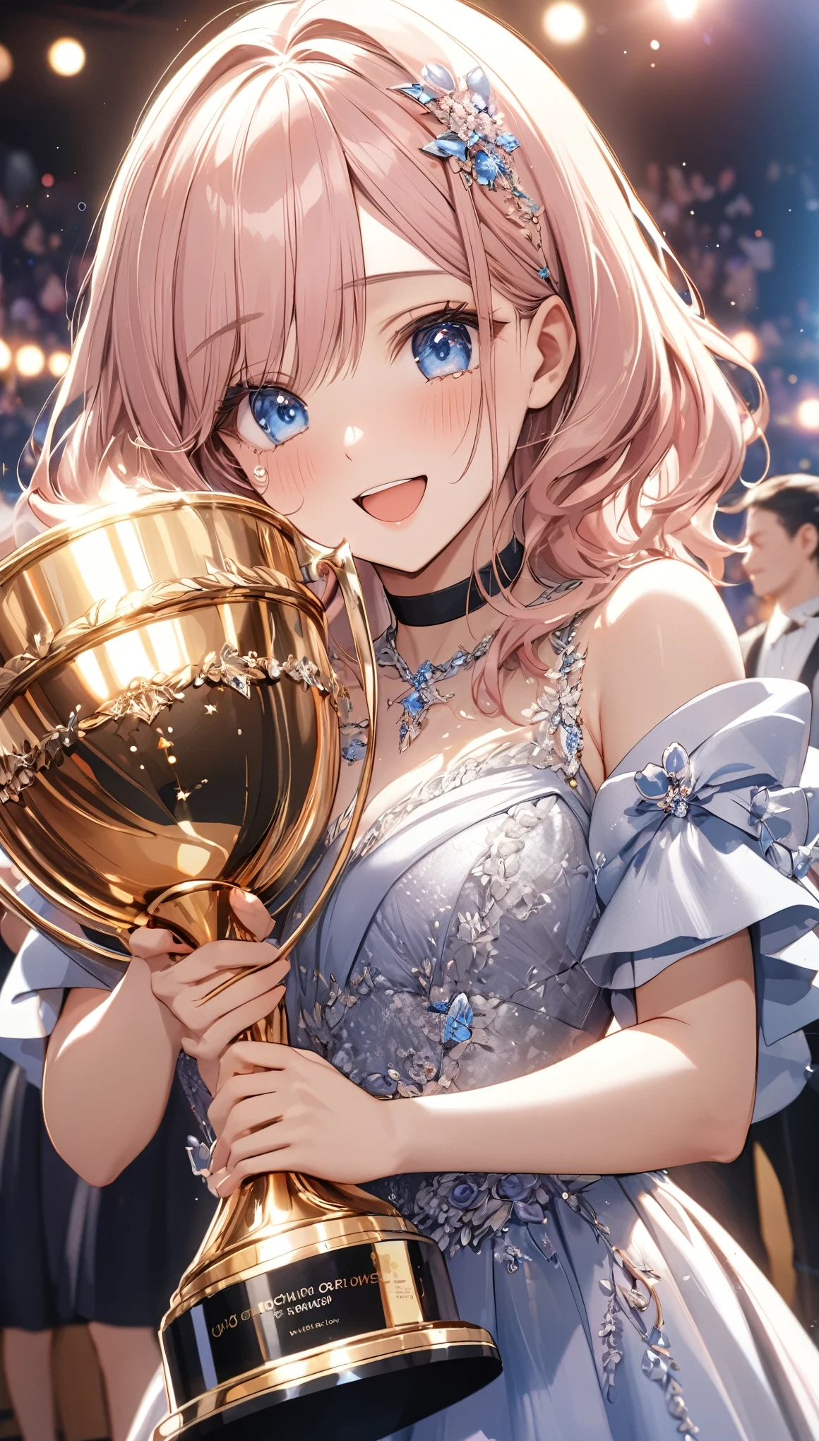 Tears of joy, (Evening Dresses), (Holding up the trophy, Joyの渦:1.5), Background is the stage, doaxvv_Marie Rose, 1girl, black choker, uhd, retina, masterpiece, ccurate, anatomically correct, textured skin, super detail, high details, high quality, best quality, highres, 4K, Oscar, audience, Joy, great joy, hug