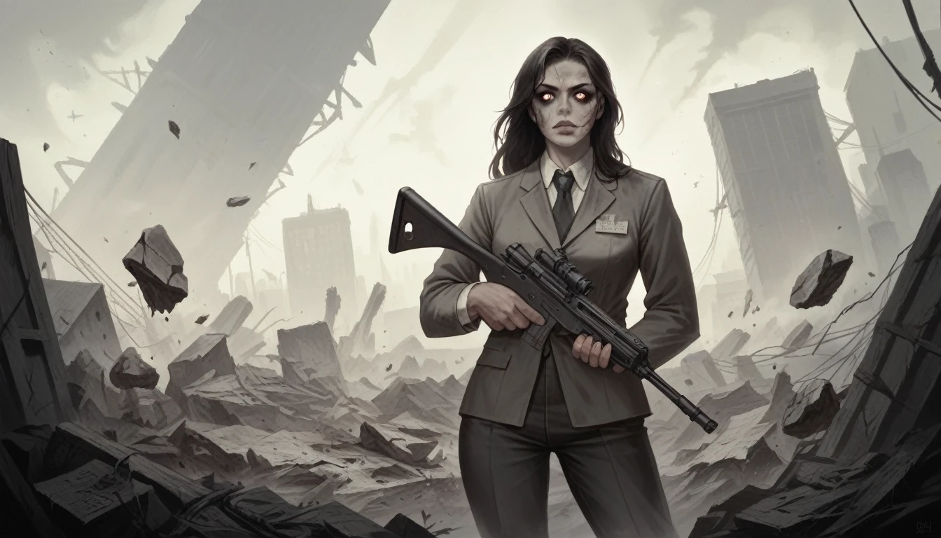 painting of a (middle-aged:0.2) woman wearing a suit and (holding an ar-15:1.3) in a dark open doorway, realistic, grim expression, detailed clothes, [beautiful] detailed face, detailed realistic eyes, intricate background <lora:the_conspiracy:1>