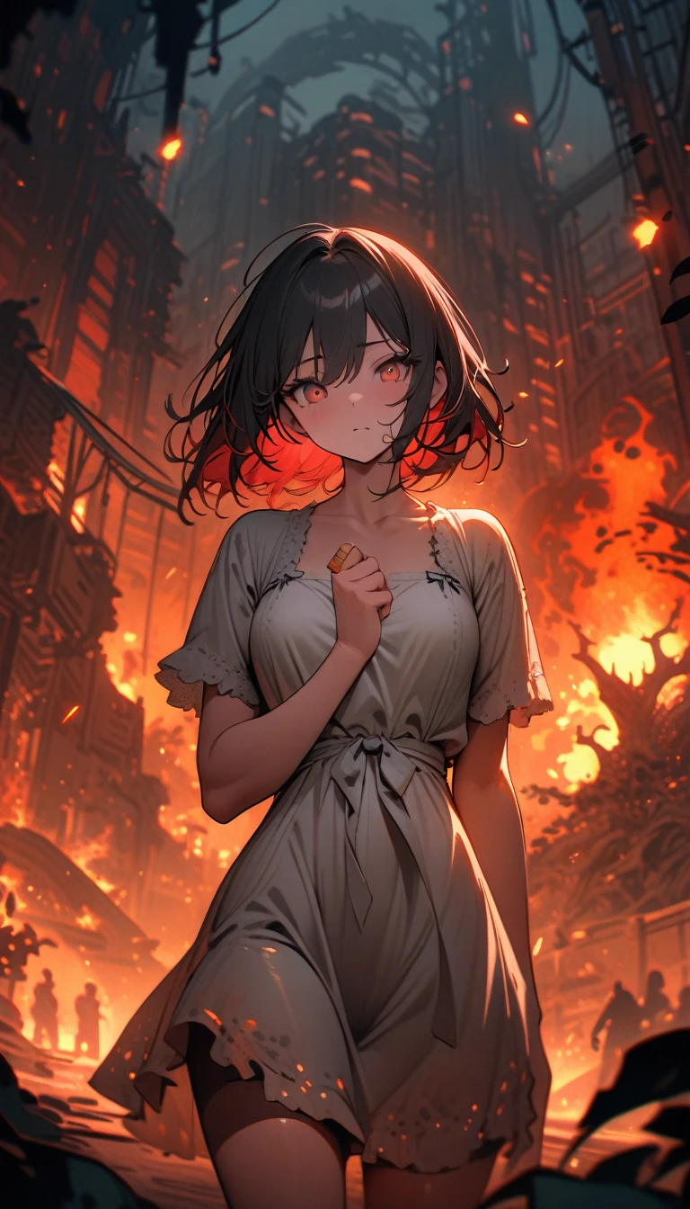 ((best quality)) , ((masterpiece)) , (detailed)，Color splash, Ghostly Astronaut (Li Gong:1.3) , wearing Shabby Chic Wrap dress, has metallic plating, Colored hair, Fossil fuel power station in background,((burning forest)), spark, light leaks, burning sky, flame, flames burning around, (flying sparks)
