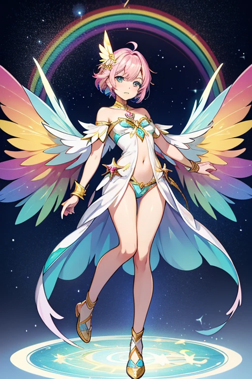 woman celestial rainbow powers to control the colors and star symbols rainbow-colored hair and white and colored clothes small crystals on the body, a fairy, Did you see a pair of golden fairy wings coming?. woman full body image, short hair color colorful, celestial rainbow powers to control the colors and star symbols of rainbow colored hair and white clothes and colored crystals on the body, a fairy, Did you see a pair of golden fairy wings coming? e penas na roupa com muitas penas