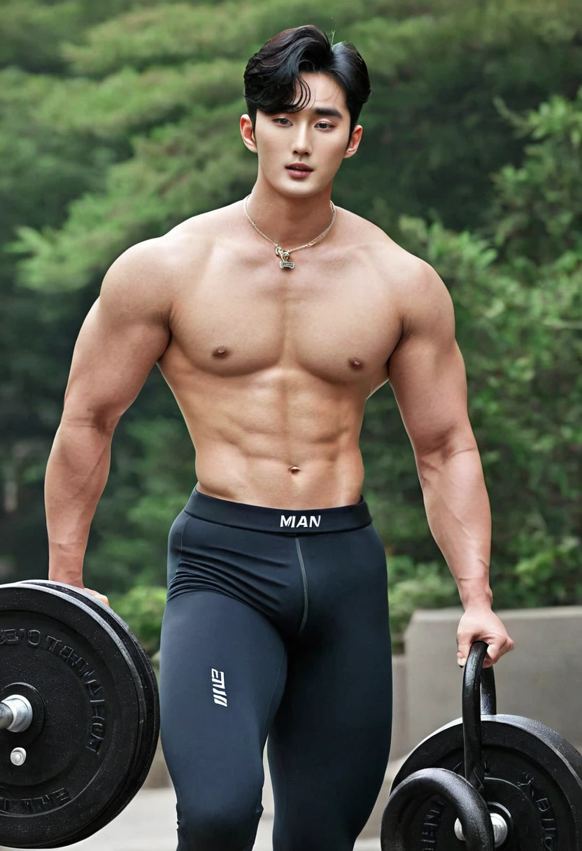 Muscular Korean man, man with big penis, tight clothes, no beard, man with actor Kim Soo Hyun hairstyle, very thick thighs, fitness trainer