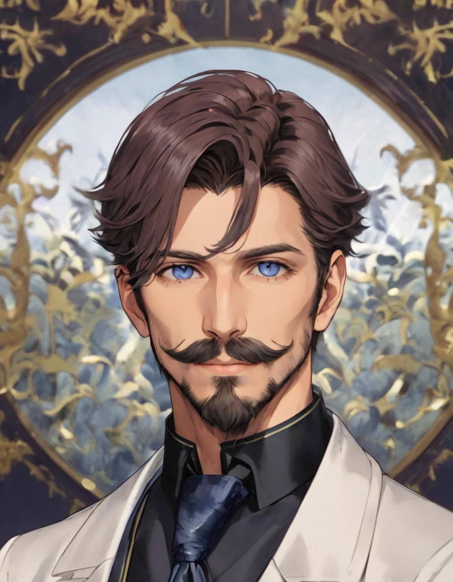 1man, mature male, parted bangs, medium-short hair, brown hair, muscular male celeb, short goatee, short mustache, indigo eyes, gentleman, elegant netori male, dark iris, upperwaist, ideal ratio body proportions, 1man, mature male, parted bangs, medium-short hair, brown hair, muscular male celeb, short goatee, short mustache, indigo eyes, gentleman, elegant netori male, dark iris, upperwaist, BREAK solo, white collared shirt, gray trench coat, black neck ribbon, in gentle sasaki style, visual novel, 2010s, extreme all detailed, masterpiece, best quality, BREAK score_9, score_8_up, score_7_up, source_anime