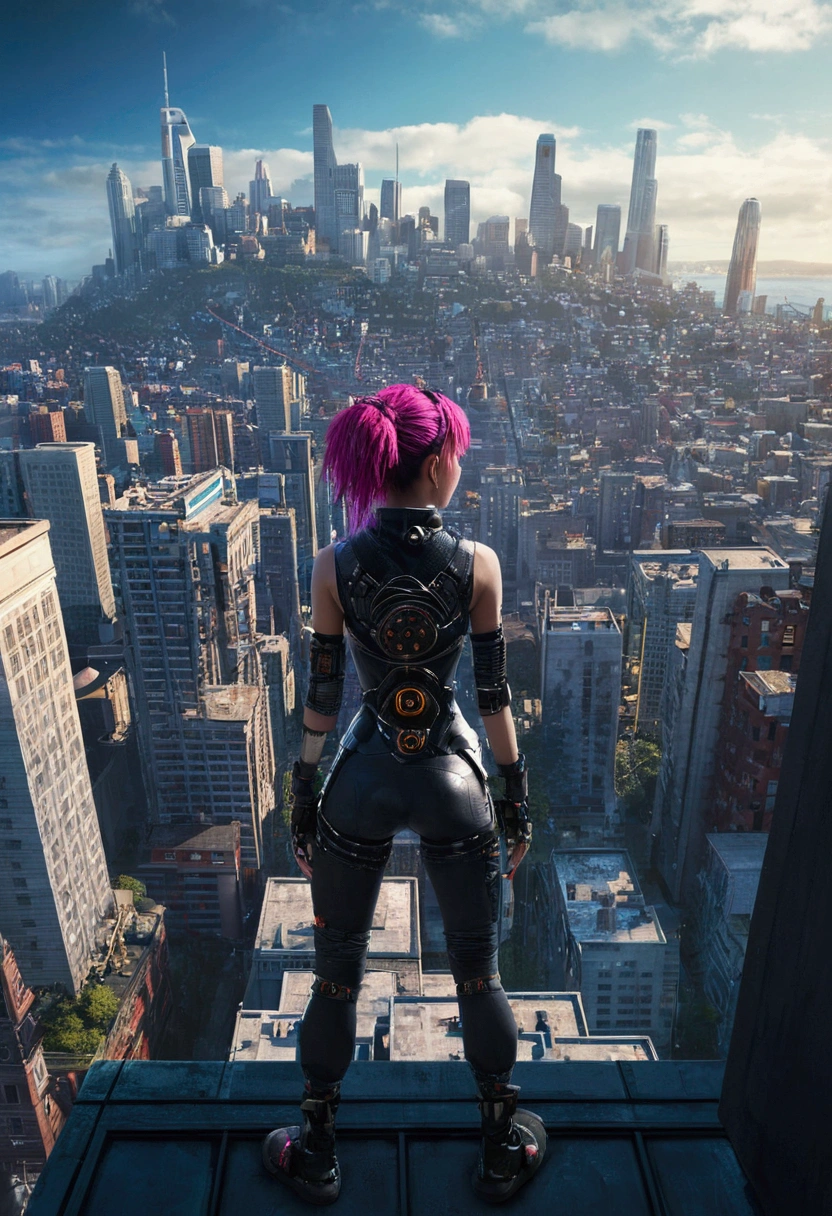 ten,point,One girl,(whole body:1.1),cyber punk,city,alone,cityscape,Realistic,building,null,sf,Wide-angle lens,