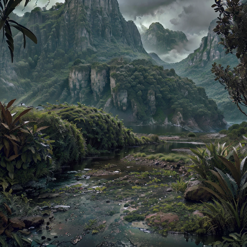 a stunning realistic zoom view of a lush green nature scene near a sea salt pan on a rainy monsoon day, dramatic stormy cloudy sky, dramatic lighting, detailed foliage and plants, puddles of water, detailed rocks and mountains in the background, cinematic composition, photorealistic, ultra detailed, vibrant colors