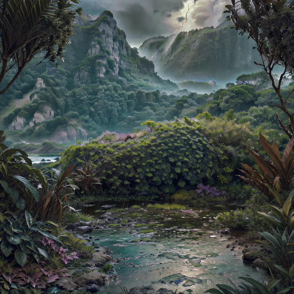 a stunning realistic zoom view of a lush green nature scene near a sea salt pan on a rainy monsoon day, dramatic stormy cloudy sky, dramatic lighting, detailed foliage and plants, puddles of water, detailed rocks and mountains in the background, cinematic composition, photorealistic, ultra detailed, vibrant colors