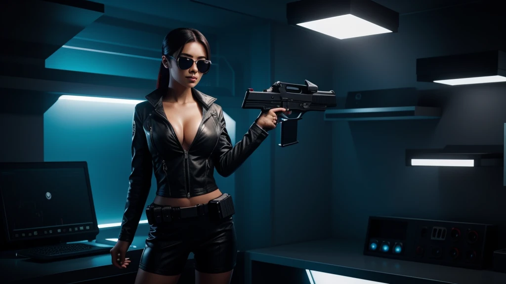 aerial view of cyberpunk futuristic city at night, flying vehicle. (((1girl, solo, alone))), large-breast:1.2 slim:0.6 body, slim face, cleavage:1.1, sexy jacket, (black sunglasses), (((holding a pistol))), dynamic pose, ((half-body thigh:1.1 level medium shot)), mysterious fog, cinematic lighting, ray tracing.