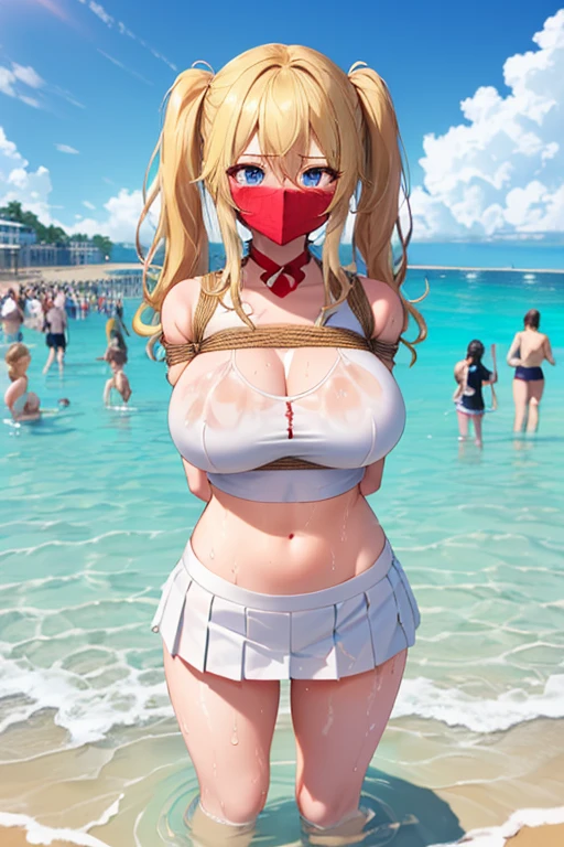 1 girls, (detailed light blue eyes, lange wimpern, detailed beautiful face:1.1), 4k quality, twintails, Haare Seiten nach oben, (Long blonde hair:1.4), (arms behind back:1.3), (big breasts:1.5), Red rope, (blushing:1.3), erina nakiri, long hair, hair between eyes, (white skirt, White underwear, white crop top with a big cutout, 18 years old:1.4), (bondage:1.3), erhobene Augenbrauen, pralle Brüste, OTN, White Gag, gagged, (standing in water:1.5), wet, (near a Public beach with many people:1.5), Ankles and knees together, Ankles and knees bound together with rope