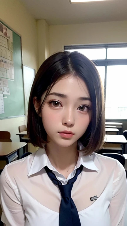 (Downward), (masterpiece:1.3)、Very fine finish、(High resolution、8k:1.3)、Highest quality、Professional Portrait、Professional Writing、(Beautiful Hands、Beautiful Hands指:1.3)、Correct limbs、Perfect Proportions、(Ultra-realistic as a photo:1.3)、Super high definition color、The face is in focus、Face close-up:1.1, Ultra high definition and beautiful eyes、(Concentrated eyes、Eyes that are not too big、Eyes are symmetrical:1.3)、High quality and beautiful skin、Firm Skin、Natural Makeup、Gloss lips, Ultra HD Hair Texture、Japanese 、、very cute, short hair, Mid-chest, Cleavage, (High School Uniform), (classroom), (I'm sitting on the floor hugging my knees), (Very embarrassed:1.3), (blush:1.3), Embarrassed look、彼はEmbarrassed lookでカメラを見ています.:1.2、Mouth slightly open、(Dynamic pose:1.1)、Angle from the side