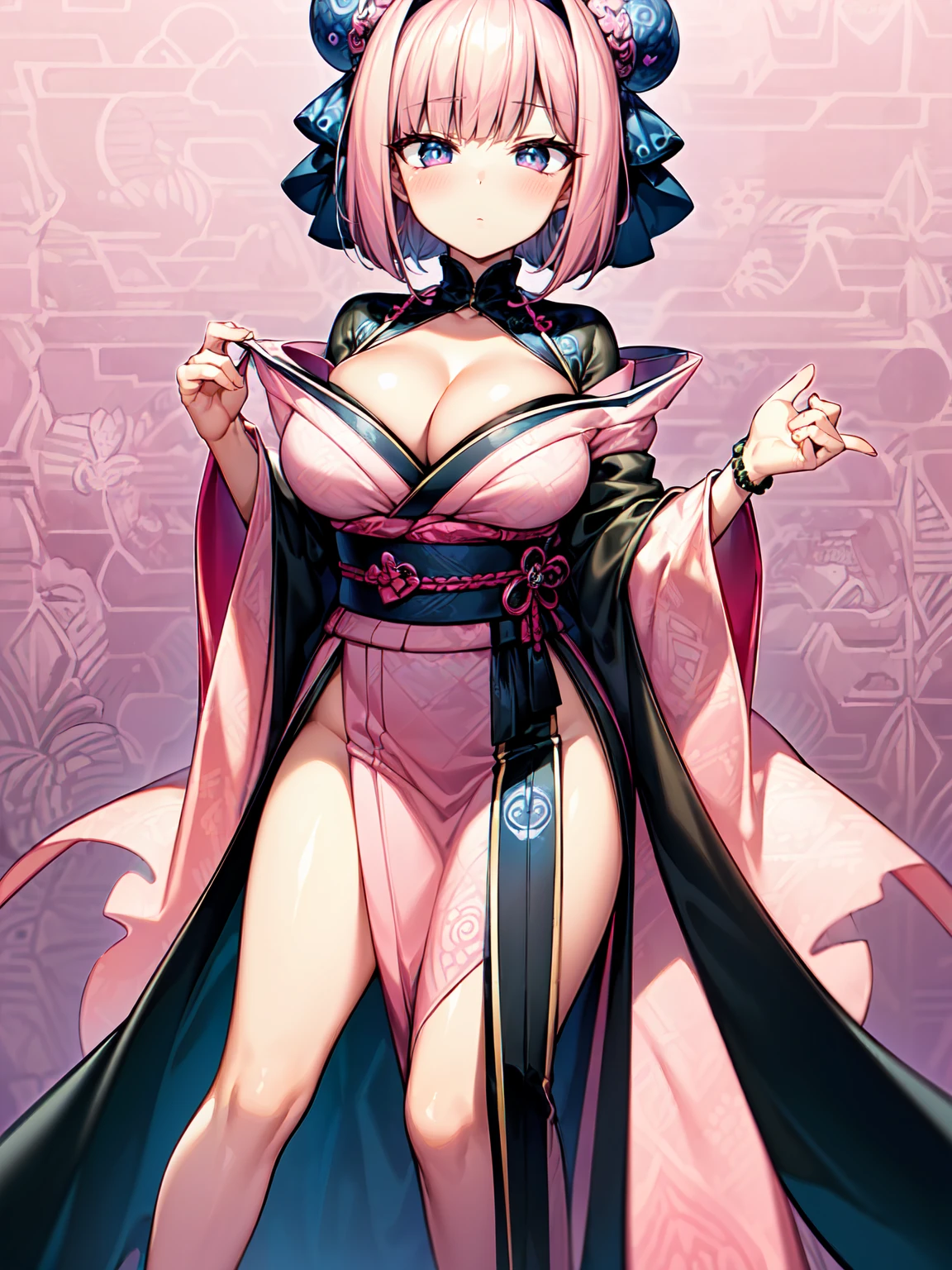 (masterpiece:1.3), (Best Quality:1.3), (Ultra-detailed:1.2), ((kawaii)), Cute, (lovely), ((sexy)), ((Extremely detailed)), 4K, (8K), Best Quality, (Beautiful), Illustration, anime style, (bold line:1.2), Gradation, //, standing, (contrapposto:1.2), //, a cute girl, 1girl, , (solo:1.2), //, large breasts, (Perfect eyes:1.2), (Perfect iris:1.2), //, Bob cut hair style, Bright peach hair color, (beautiful eyes) //, (half closed eyes:1.4), (sexual expression:1.2), Fascinated expression, (cool:1.2), (blush:1.2), //, (kimono-based), Emphasizing cleavage, Skirt short enough to see pantier, //, (Single color (pink) based cute zentangle heart pattern background:1.3), zentangle background, (abstract background art)
