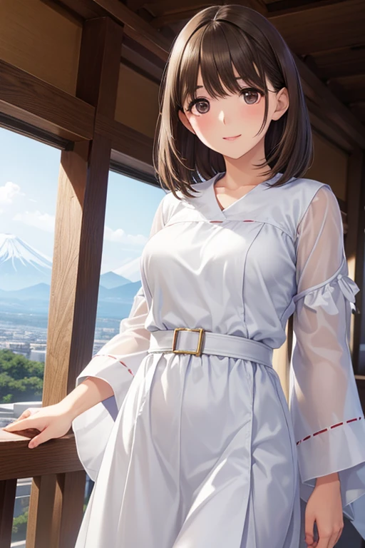 anegasaki nene、Shiny brown hair, short hair, (Beautiful brown eyes、Sparkling eyes, Fine grain)、smile、Ultra-detailed eyes、Highly detailed face, Highly detailed eyes,


(Highest quality, Realistic:1.2), Amazing eyes, Captivating glowing eyes, Long dress with sleeves,

masterpiece, Highest quality, High resolution, Anime Style, 
Are standing, Observation deck where you can see Mt. Fuji
