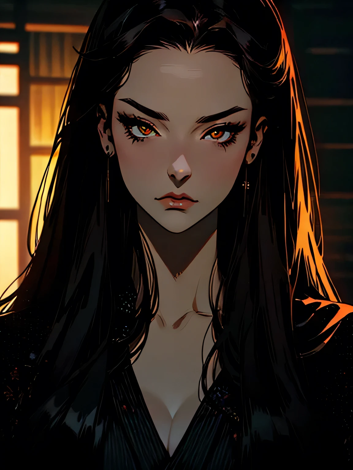 hyper-realistic of a mysterious woman with flowing dark hair, piercing yellow eyes, wearing black kimono