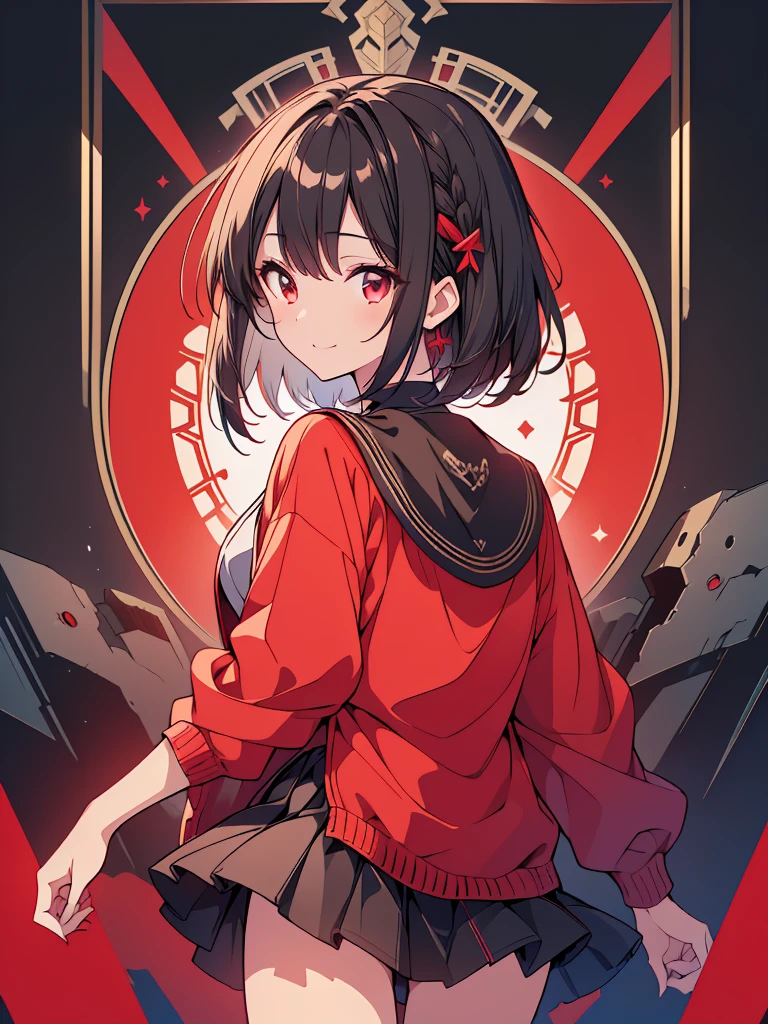 (masterpiece, highest quality, highest quality, (No text), Beautiful and aesthetic:1.2),No text,アニメ、BREAK,One Girl,Black Hair Girl short hair older sister choker Beautiful eyes Red eyes cool smile Looking to the side Red and Black Black jacket mini skirt Whole body In town