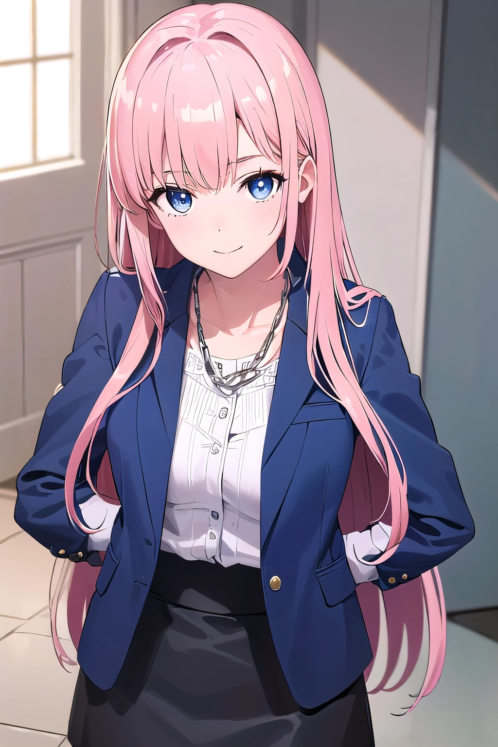 プロンプト: (8K, top-quality, masterpiece:1.2), (reallistic, Photorealsitic:1.37), Super Detail, One girl,), (Highly detailed), (beautifully detailed eyes), (of the highest quality), (super detailed ), (masterpiece), (Detailed face),20yr old, ,1 girl, ((pink hair,long hair)), medium breasts, clothed, Perfect Lighting, BREAK, (royal blue:1.2), (glossy jacket:1.3), (silver:1.2), (metallic:1,2), (white:1.2), (cami:1.2), (navy blue:1.2), (silk blouse:1.3), (glossy tight mini skirt:1.3), (silver chain:1.2), (black tights:1.1), (blue pumps:1.2), (silver accessories:1.1), BRAKE, (elegant businesswoman:1.1), (upper body to thighs:1.1), (pink long hair:1.2), (soft waves:1.1), (side part:1.1), (elegant smile:1.1), (frontal face:1.1), (crossed legs:1.2), (hands behind back:1.2), (silver chains:1.2), (white background:1.1), (warm lighting:1.1), (emphasize hair and fabric shine:1.1)