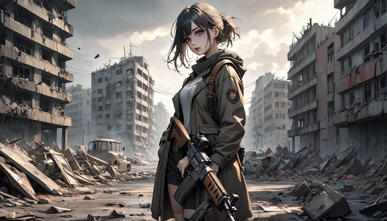 A girl in a post-apocalyptic setting, tattered clothing, holding an AK-47 assault rifle, detailed face, beautiful detailed eyes, beautiful detailed lips, extremely detailed eyes and face, long eyelashes, post-apocalyptic environment, ruined city, debris, gritty, dystopian, moody lighting, dramatic shadows, muted color palette, cinematic composition, best quality, 8k, highres, masterpiece, photorealistic, professional, vivid colors