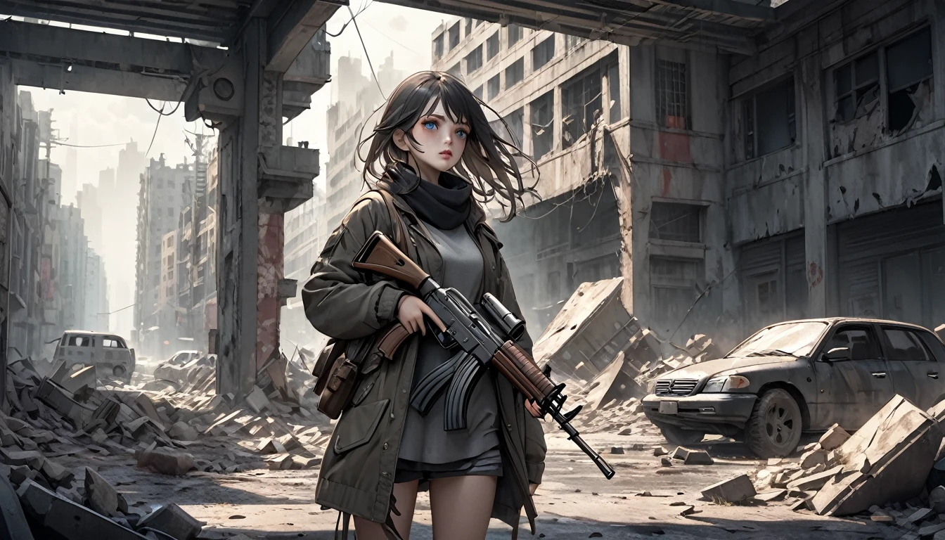 A girl in a post-apocalyptic setting, tattered clothing, holding an AK-47 assault rifle, detailed face, beautiful detailed eyes, beautiful detailed lips, extremely detailed eyes and face, long eyelashes, post-apocalyptic environment, ruined city, debris, gritty, dystopian, moody lighting, dramatic shadows, muted color palette, cinematic composition, best quality, 8k, highres, masterpiece, photorealistic, professional, vivid colors