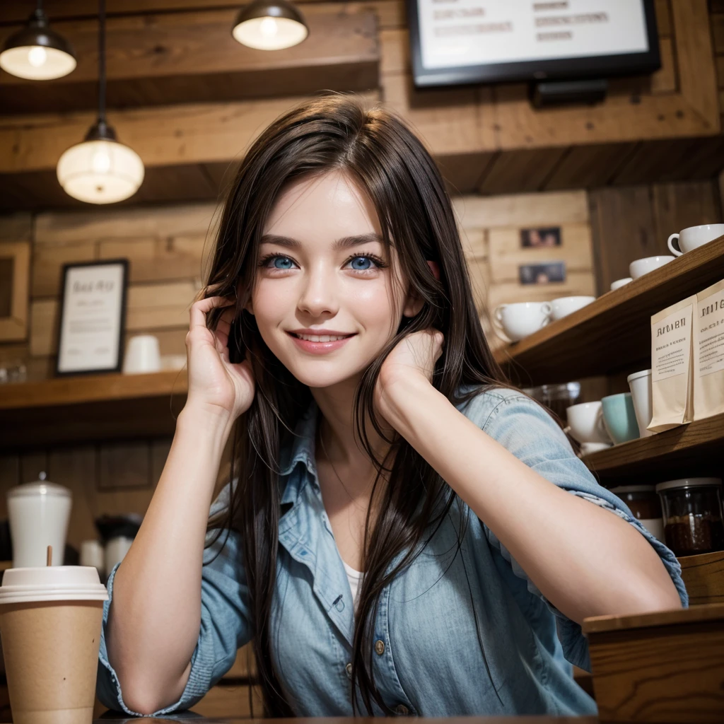 A woman in a coffee shop, she is smiling and blue eyes, hair brunette