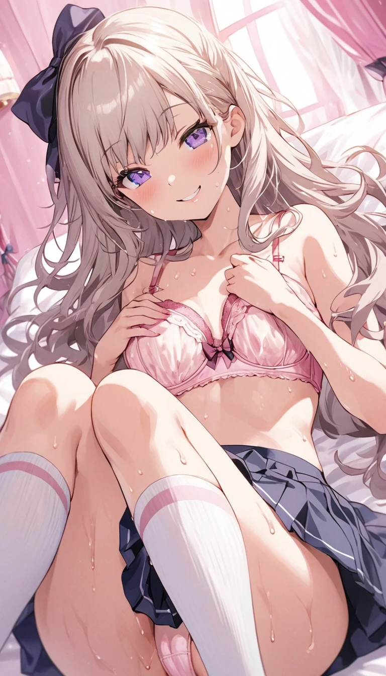 Clear painting style、beautiful girl、、Girly Hair、Pink Room、Girly Fashion、Pleated skirt、Knee socks、Highest quality, smile,Lie down with your legs spread、girly panties、Girly Bra、Sweaty crotch、Low Angle、Cowboy Shot、Put your hands on your bra、A seductive smile