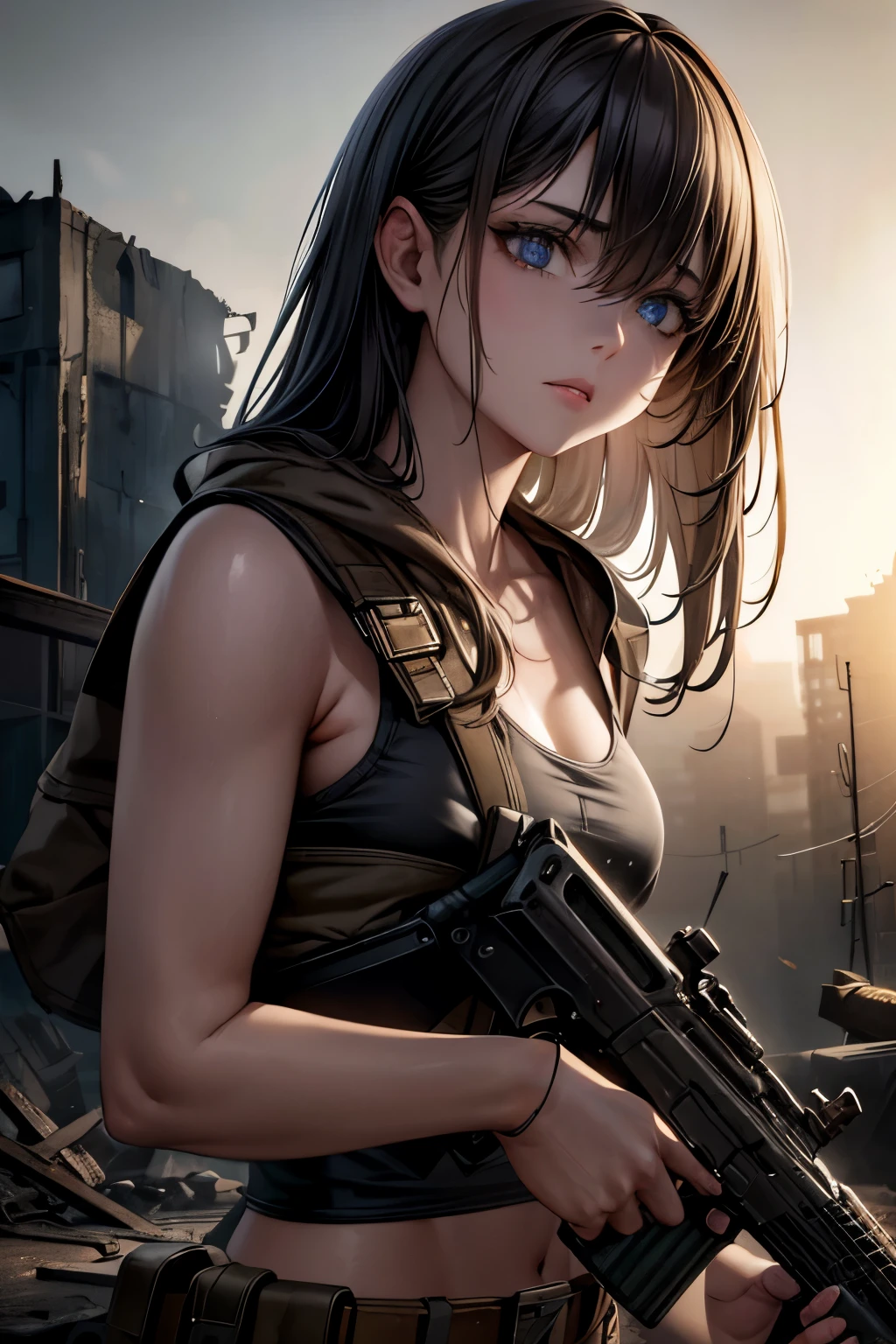 A girl in a post-apocalyptic setting, tattered clothing, holding an AK-47 assault rifle, detailed face, beautiful detailed eyes, beautiful detailed lips, extremely detailed eyes and face, long eyelashes, post-apocalyptic environment, ruined city, debris, gritty, dystopian, moody lighting, dramatic shadows, muted color palette, cinematic composition, best quality, 8k, highres, masterpiece, photorealistic, professional, vivid colors