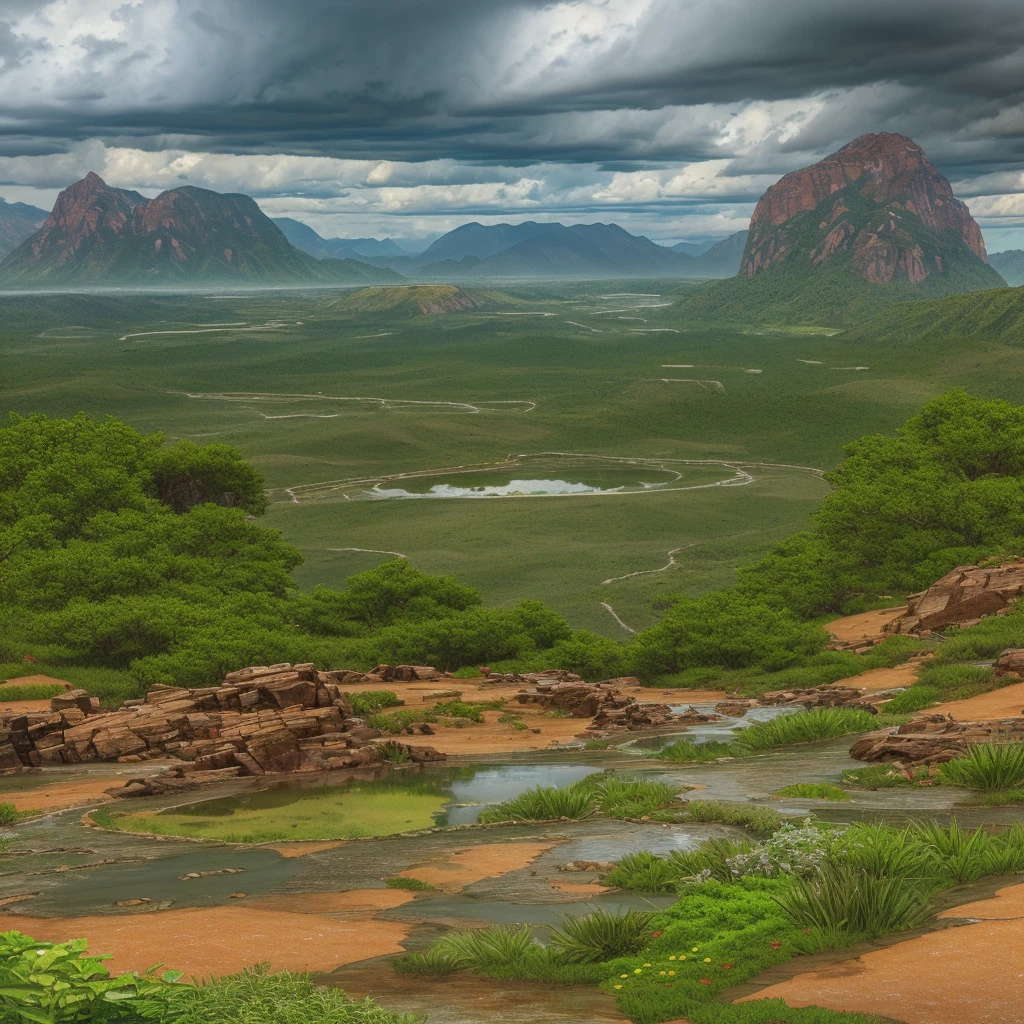 a stunning realistic zoom view of a lush green nature scene near a sea salt pan on a rainy monsoon day, dramatic stormy cloudy sky, dramatic lighting, detailed foliage and plants, puddles of water, detailed rocks and mountains in the background, cinematic composition, photorealistic, ultra detailed, vibrant colors