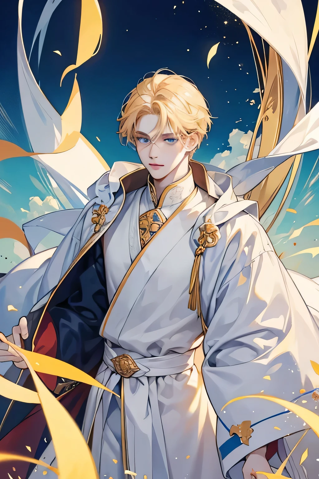 Prince, golden hair, sea blue eyes, white skin, looks kind-hearted, like a monk, 190 cm tall.