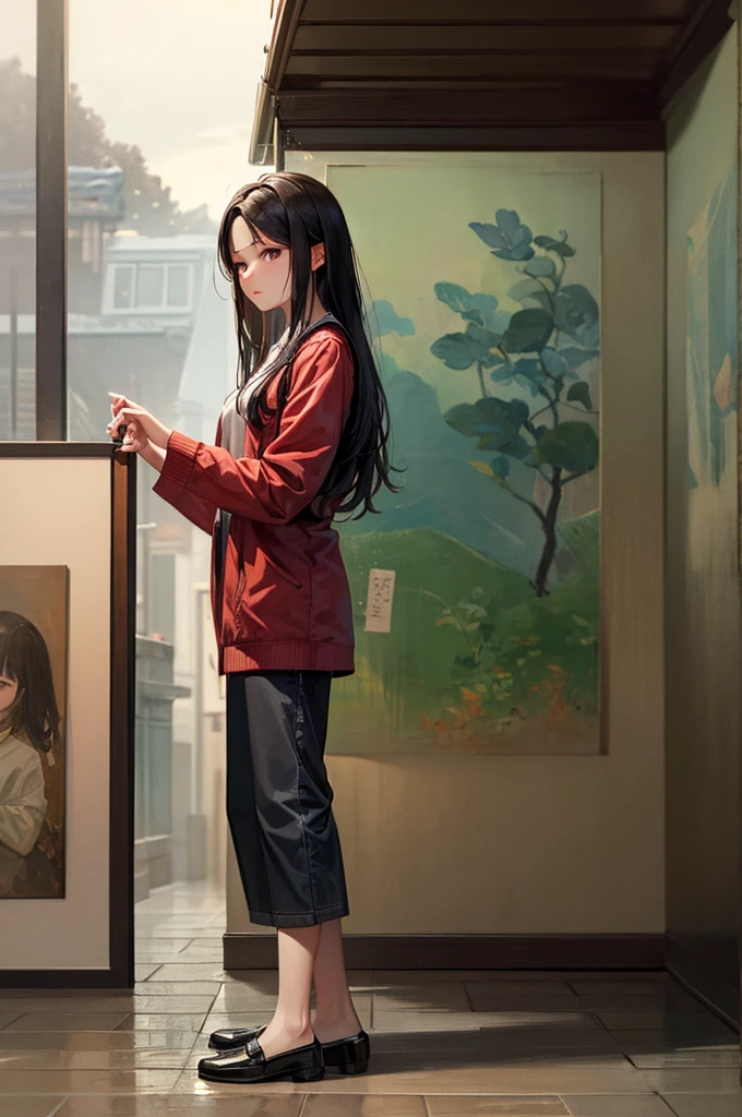 Girl standing outside, ((Long Hair)), Paintings inspired by Zou Jie, tumbler, realism, Chen Xintong, Around 19 years old,