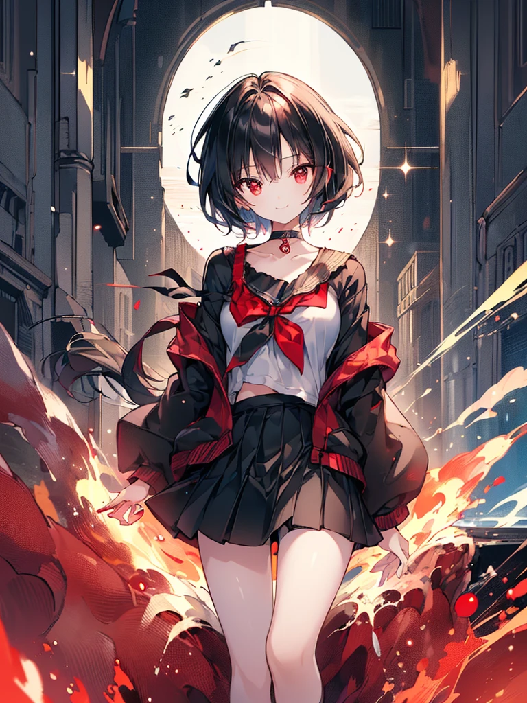 (masterpiece, highest quality, highest quality, (No text), Beautiful and aesthetic:1.2),No text,アニメ、BREAK,One Girl,Black Hair Girl short hair older sister choker Beautiful eyes Red eyes cool smile Looking to the side Red and Black Black jacket mini skirt Whole body In town