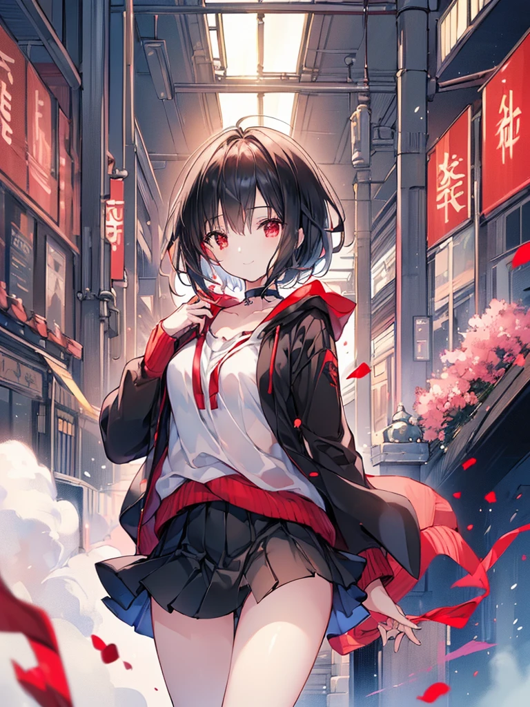 (masterpiece, highest quality, highest quality, (No text), Beautiful and aesthetic:1.2),No text,アニメ、BREAK,One Girl,Black Hair Girl short hair older sister choker Beautiful eyes Red eyes cool smile Looking to the side Red and Black Black jacket mini skirt Whole body In town