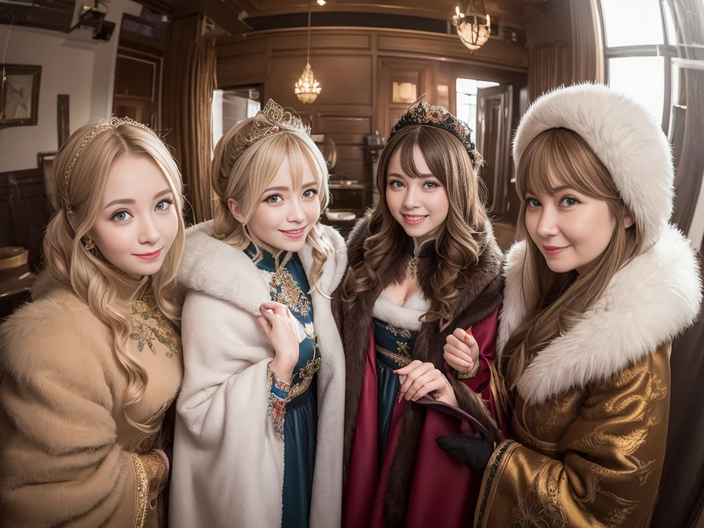 Four women in old Russian dress。Russian。Fur Cape、Smiling and looking at the viewer、Fisheye Lens