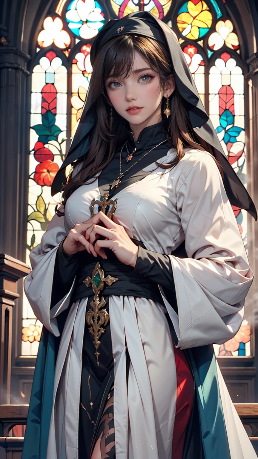1 person, green top, Dark brown hair, Stained glass, Vibrant colors, masterpiece, Highest quality, Detailed eyes, Detailed lips, Detailed clothing, (Iris: 1.2), Very realistic face,、Nuns、Wear a rosary around your neck、Pray to God with folded fingers、Cowboy Shot