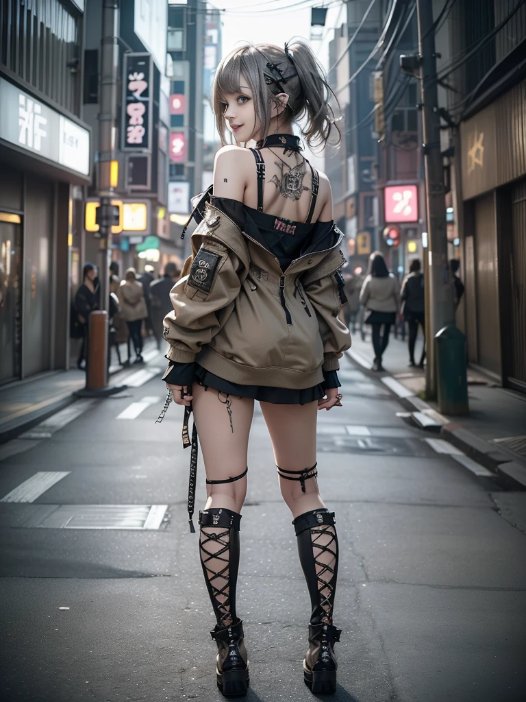 (Full Body View:1.2)、(Back view:1.4)、(Smiling with teeth showing:1.3),(Shibuya Gal:1.5)、(Beautiful gravure model:1.5)、(Neo-goth fashion:1.5)、(Punk RockVisual Kei:1.5)、(An off-the-shoulder hoodie in khaki and brown with delicate silver accessories.:1.5)、(A corset with a delicate beige and brown design:1.4)、(Khaki and brown snakeskin bodysuit:1.5)、(head band:1.3)、(Beige and charcoal knee socks:1.4)、Embellished collar and long boots、(I&#39;m selling snake print underwear.:1.4)、(Long eyelashes:1.3)、(30 years old)、((Highest quality、8k、masterpiece:1.3))、1 Female、Slim and beautiful abs:1.3、(hairstyle casual、Beautiful boobs:1.1)、(Doing an aerobics pose:1.3)、dress:1.1、Super small face、Narrow eyes、double eyelid、A sloppy smile、Esbian all over body、Dynamic Angle、Close-up、CPL Filter、Blurred Background、Bokeh、Blue Hour、Detailed face and skin texture、Detailed eyes、,(Twin tails:1.3)、(Black brown hair:1.3)、Gravure idol、(The background is a glamorous dance hall:1.3)、(Make your legs thinner:1.4)、(Slim Body:1.3)、(clavicle:1.1)

