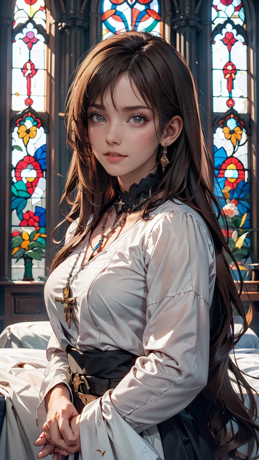 1 person, green top, Dark brown hair, Stained glass, Vibrant colors, masterpiece, Highest quality, Detailed eyes, Detailed lips, Detailed clothing, (Iris: 1.2), Very realistic face,、Nuns、Wear a rosary around your neck、Pray to God with folded fingers、Cowboy Shot