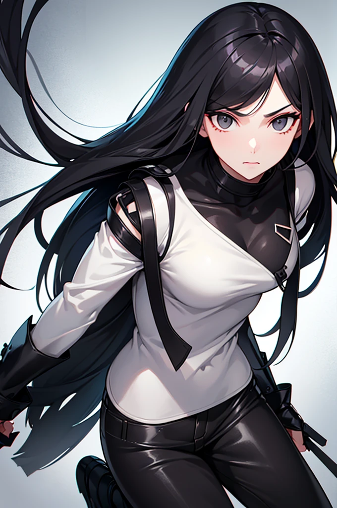 long black hair, Gray eyes with a sharp, intelligent look, White skin, Slim yet sturdy body type, Black leather jumper suitable for espionage activities, 28 year old woman, future oriental style