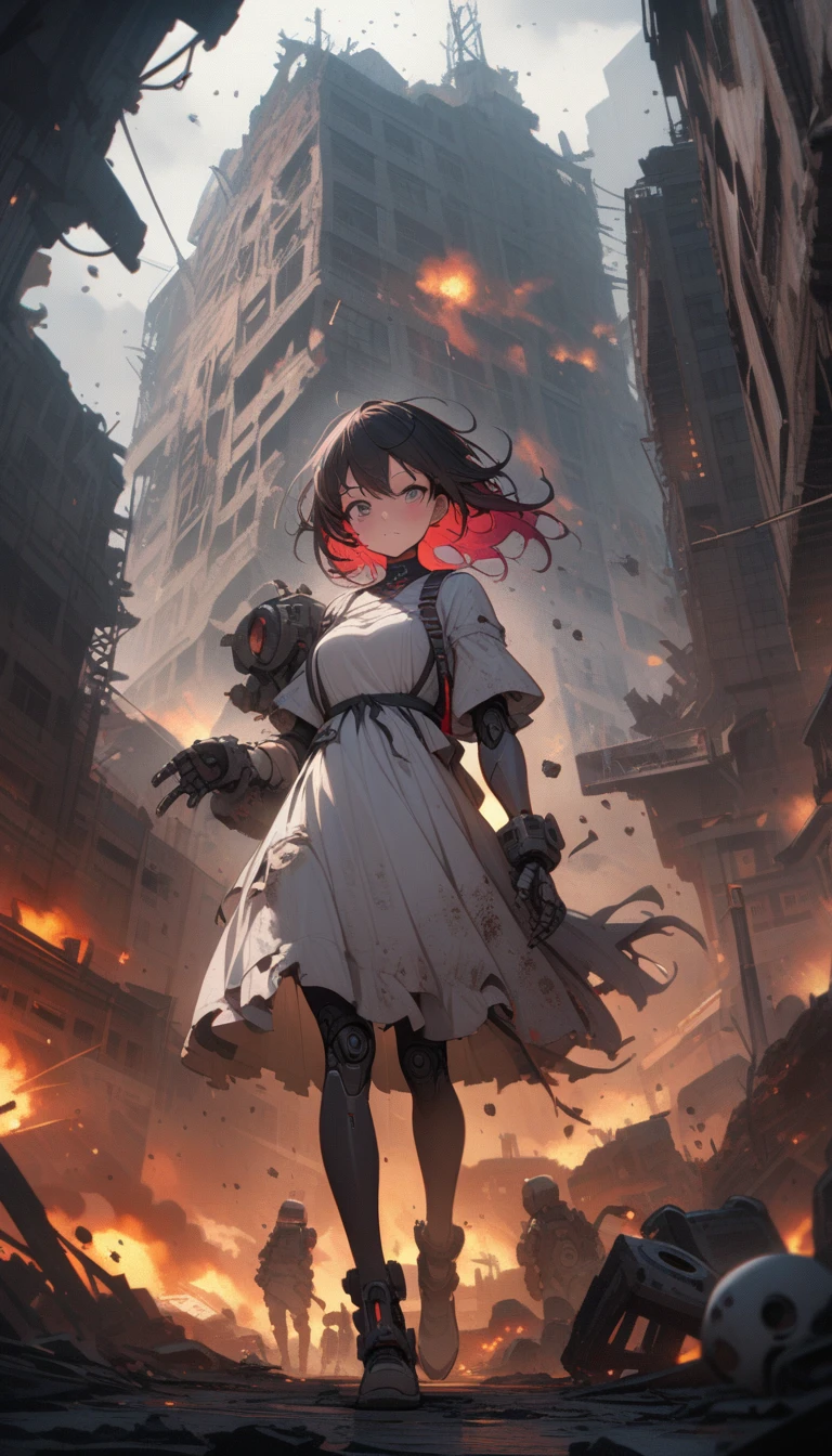 ((best quality)) , ((masterpiece)) , (detailed)，Color splash, Ghostly Astronaut (Li Gong:1.3) , wearing Shabby Chic Wrap dress, has metallic plating, Colored hair, Fossil fuel power station in background,((destroyed)),explosion, buildings in disarray, The residual eaves DuanBi, cumulus, mouldy, floating, wind, Dead end machine,(broken robot),(Mechanical robot girl), in the rubble of a devastated city

