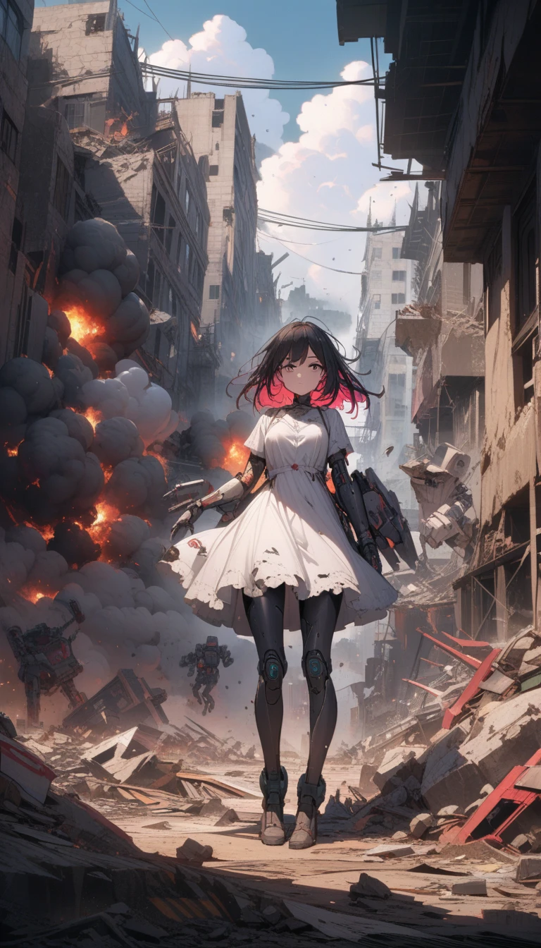 ((best quality)) , ((masterpiece)) , (detailed),Color splash, Ghostly Astronaut (Li Gong:1.3) , wearing Shabby Chic Wrap dress, has metallic plating, Colored hair, Fossil fuel power station in background,((destroyed)),explosion, buildings in disarray, The residual eaves DuanBi, cumulus, mouldy, floating, wind, Dead end machine,(broken robot),(Mechanical robot girl), in the rubble of a devastated city